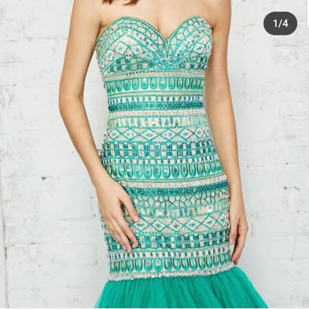 Prom green  Strapless Beaded Gown - Picture 3 of 8